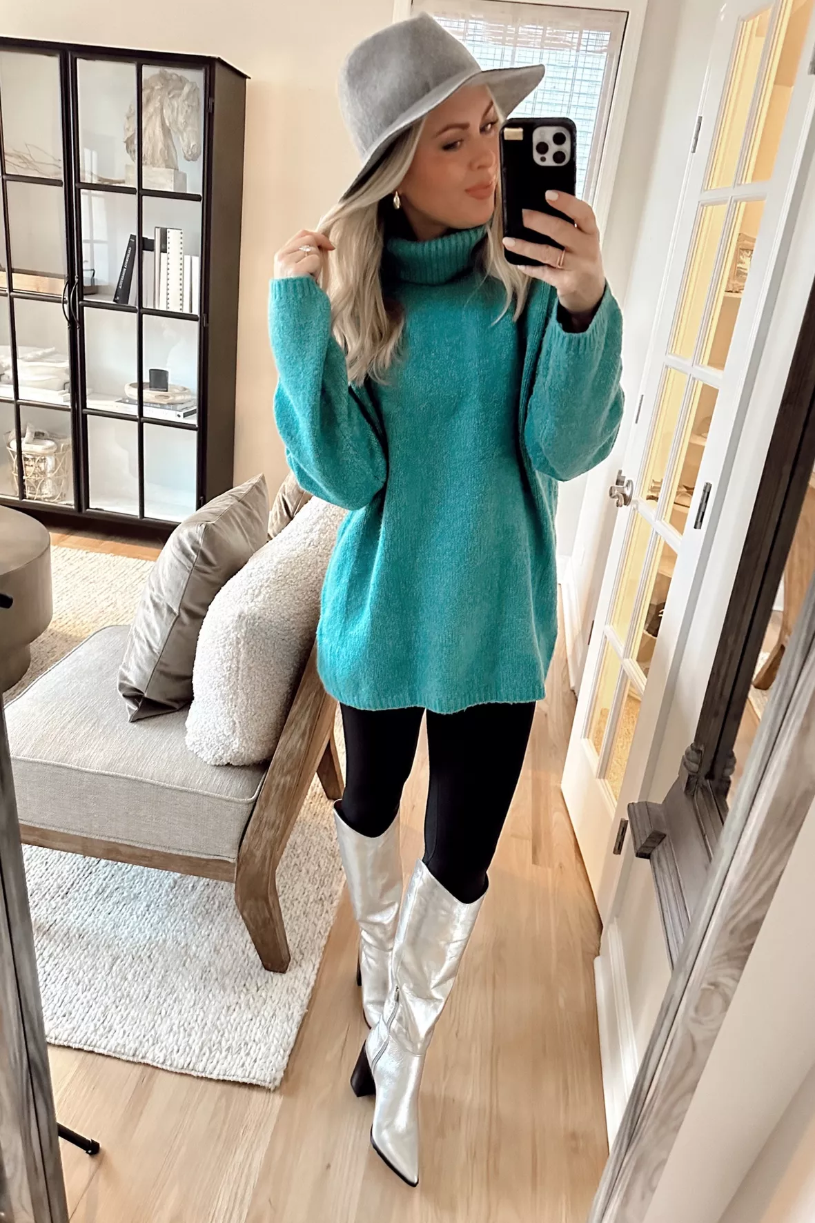 green tunic sweater with leggings winter outfit