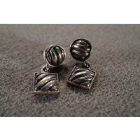 Vintage Sterling Silver Dangle Drop Earrings With Scalloped Circles As The Base & Squares Hanging, Post Push Backs M2 | Etsy (US)