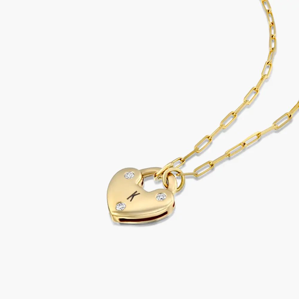 Heart Charm Lock Necklace with Diamonds - 14k Solid Gold | Oak & Luna (US)