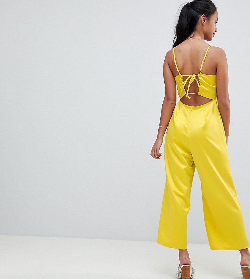 Fashion Union Petite Cami Jumpsuit With Tie Back In Satin - Yellow | ASOS US