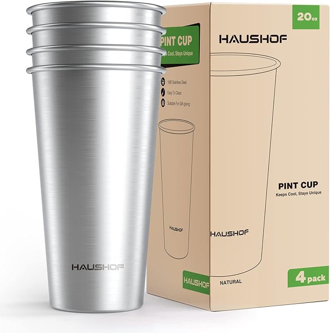 HAUSHOF Pint Cup, 20 oz Stainless Steel Cups, Stackable Metal Drinking Cups, Stacking Beer Pint C... | Amazon (US)