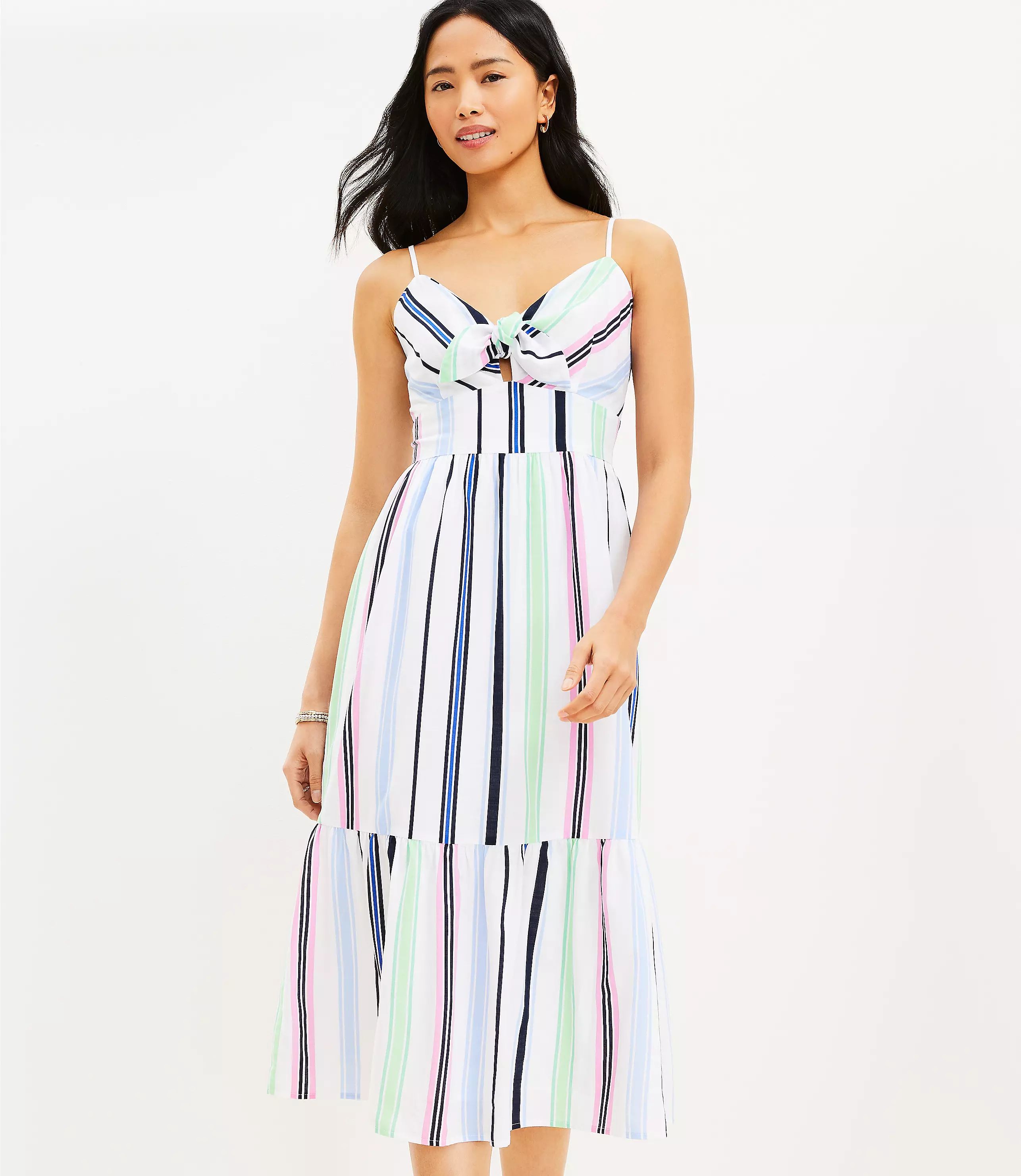 Striped Tie Front Strappy Midi Dress | LOFT