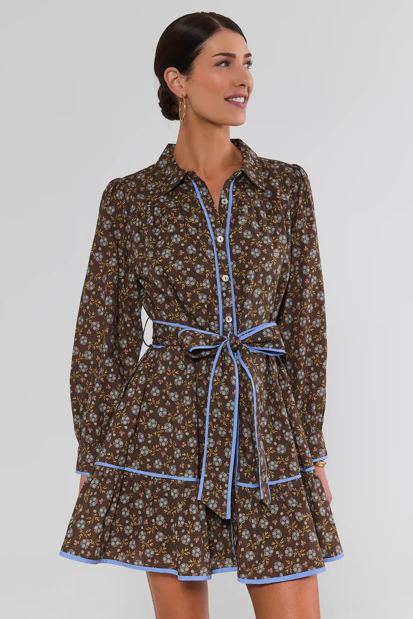 Brown Floral Printed Collared Short Dress | Avara