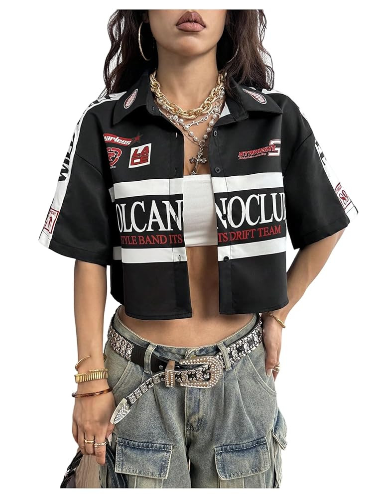 SOLY HUX Women's Summer Button Down Vintage Shirt Short Sleeve Graphic Crop Tops Motorcycle Blous... | Amazon (US)