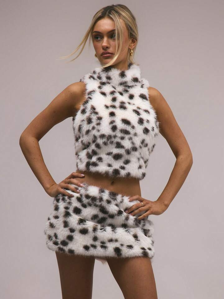 MUSERA High Neck Dalmatian Faux Fur Crop Top | SHEIN