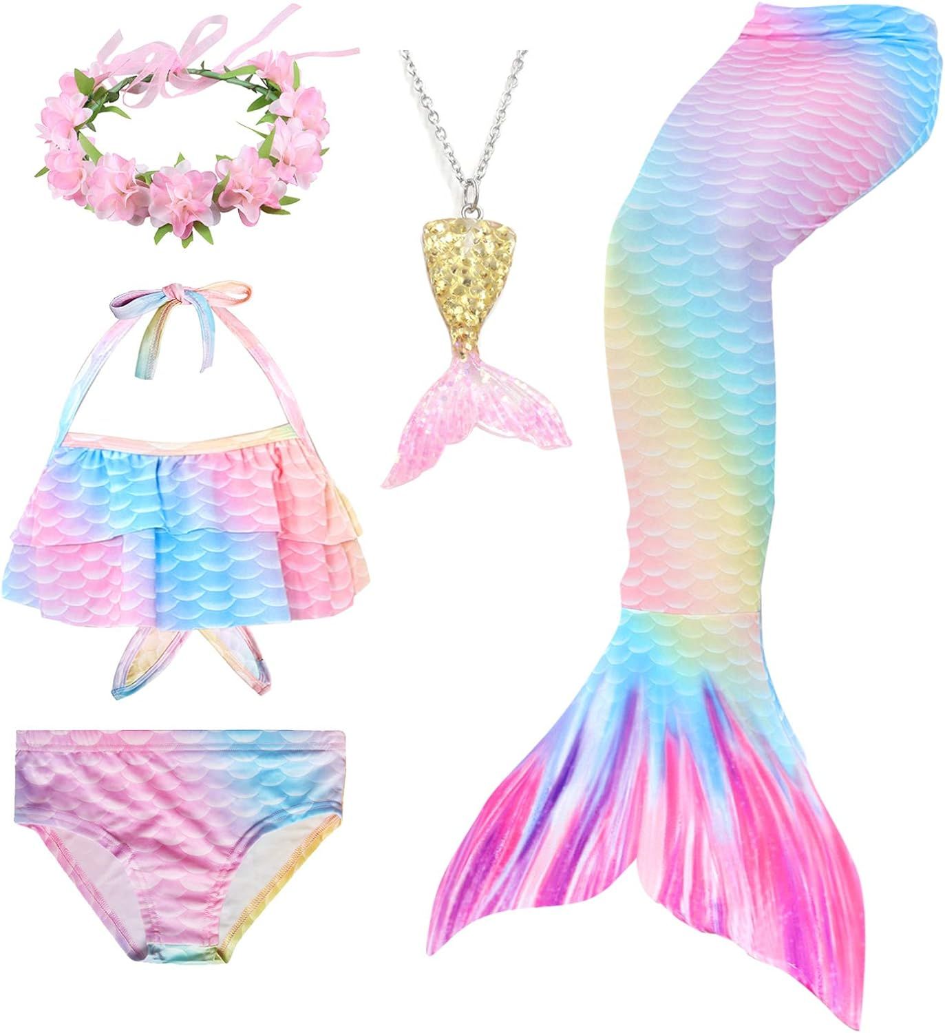 Bxysxly 5Pcs Kids Swimsuit Mermaid Tails for Swimming for Girls Bikini Costume Sets with Flower Head | Amazon (US)