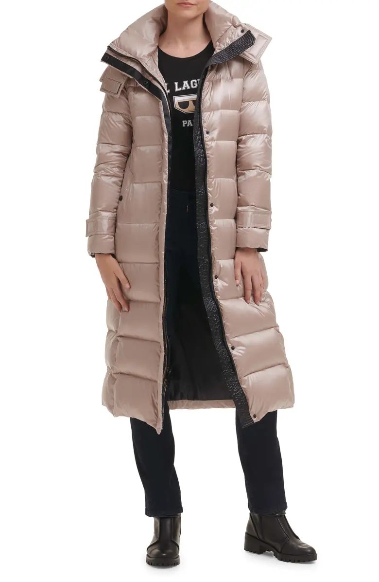 Karl Lagerfeld Paris Water Resistant Belted Down & Feather Puffer Coat with Detachable Hood | Nor... | Nordstrom