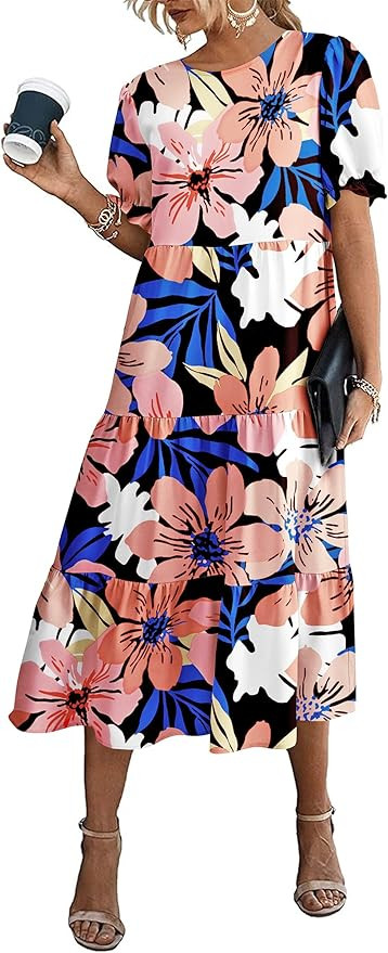 PRETTYGARDEN Women's Summer Casual Boho Dress Floral Print Ruffle Puff Sleeve High Waist Midi Bea... | Amazon (US)