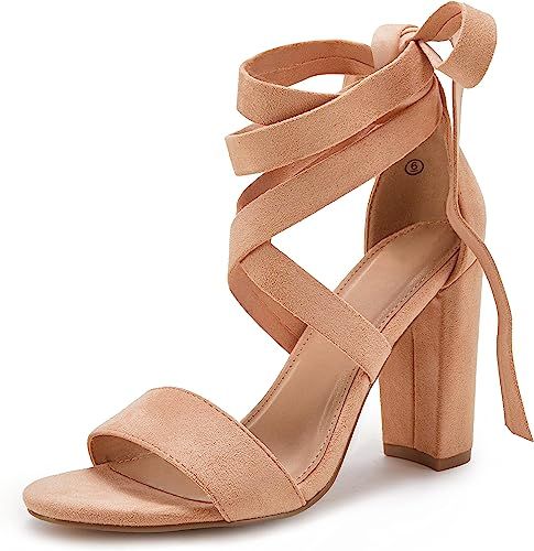 Huiyuzhi Womens Lace Up High Heeled Sandals Chunky Block Ankle Strappy Pumps Dress Party Shoes | Amazon (US)