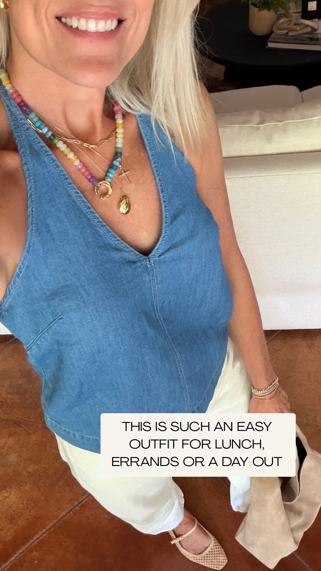 This is such an easy outfit for lunch, errands, or a day out. I love the combination of this denim halter top with white barrel-leg jeans, it feels casual but still pulled together. The lightweight cotton-linen denim top is one of those pieces you can keep styling different ways, too: wear it with shorts or linen pants now, then add a cardigan, denim jacket, or blazer when the weather cools down. I always love a piece that gives me more than one outfit.

👩‍💻 LTK PRO TIPS
❤️ Heart = Support my posts ;-)
🔖 Save = Get sale & restock alerts for the things you love!
📋 Lists = Keep favorites organized (List ideas: Christmas, Birthdays, and Vacations!)
📲 Share = Send lists and products to a friend (or your daughters like me).
💬 Comment = Ask me anything, and I’ll answer. ;-)

#LTKootd #LTKOver40 #LTKTravel