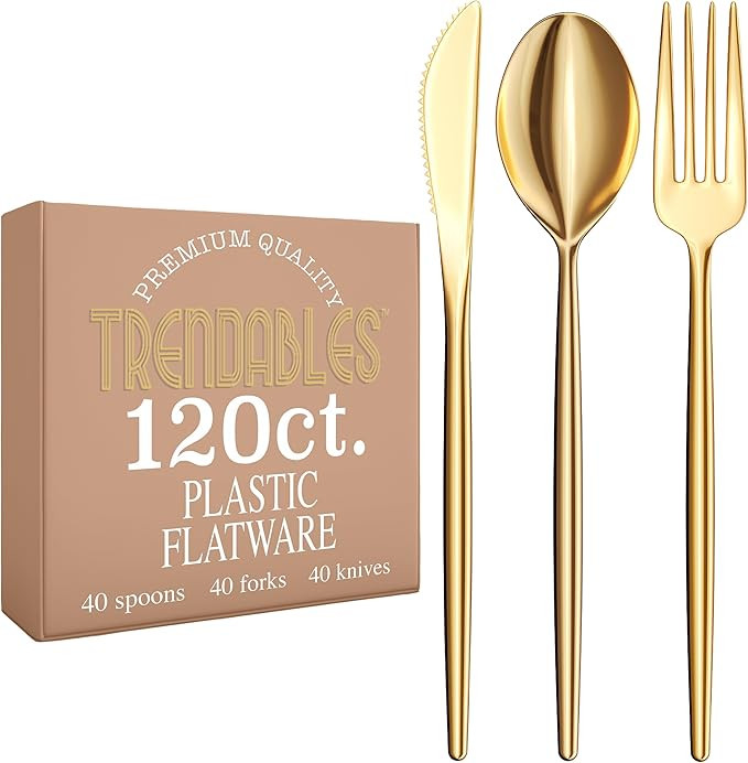Trendables Gold Plastic Silverware Set Gold Silverware Disposable Forks and Spoons Disposable 120... | Amazon (US)