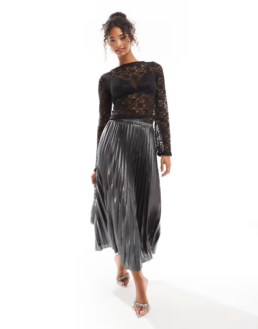 ONLY pleated maxi skirt in grey metallic | ASOS (Global)