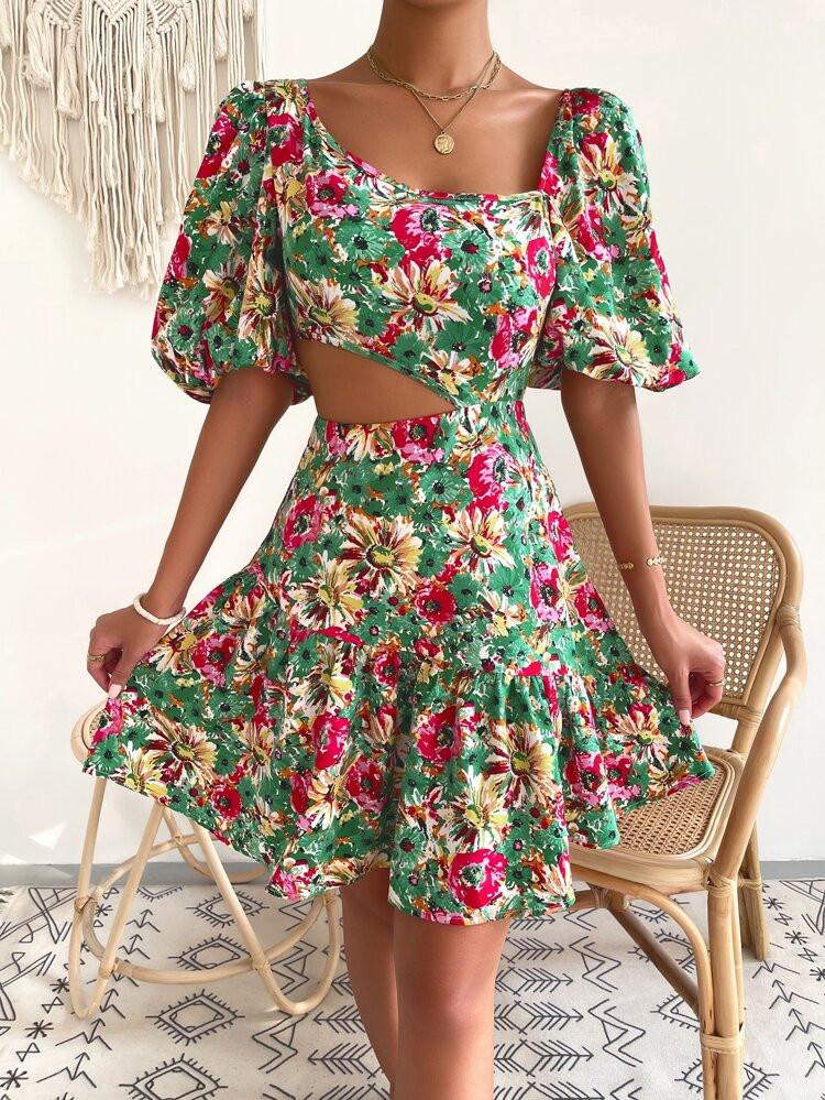 Floral Print Asymmetrical Neck Lantern Sleeve Cut Out Ruffle Hem Dress | SHEIN