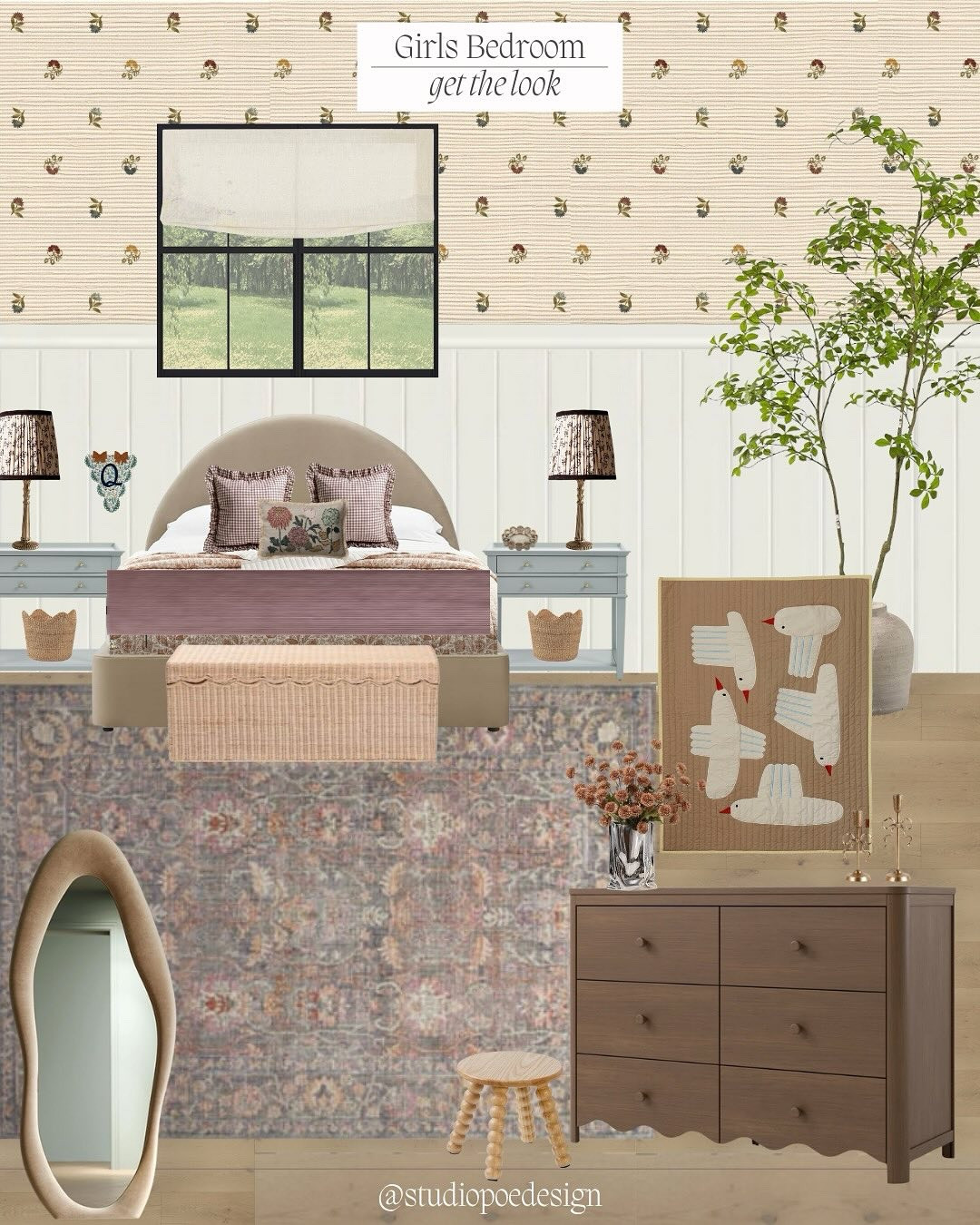 Kids rooms will always be a favorite to design! The here are really no rules-especially with pattern play 😍 This wallpaper is always one of my favorites when people are looking for texture, but minimal floral design 🤌🏽

Home Decor, interior design, edesign, girls room, kids room, bed frame, bed , woven Roman shade, nightstand, dresser, Amazon, affordable, throw pillows, Amber interiors, Wayfair, Amazon, cabinet, modern, earthy interiors, neutral rug, safavieh, neutral interiors, earthy, tones