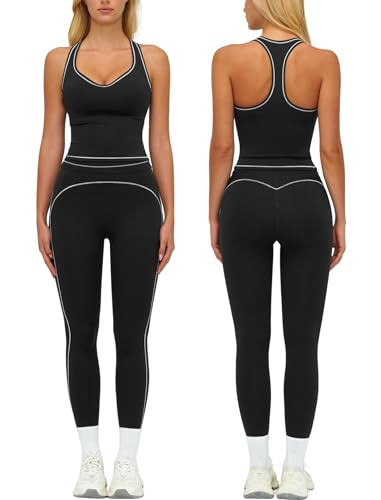 PQBPQB 2 Piece Workout Sets for Women Color Block Racerback Tank Tops Matching High Waist Tummy Control Leggings Womens Two Piece Athletic Set Gym Wear Active Yoga Pilates Outfits Black M | Amazon (US)