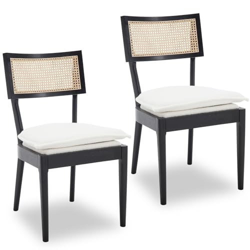 Guyou Black Rattan Dining Chairs Set of 2, Sherpa Upholstered Farmhouse Dining Chairs with Cane Back, Wood Kitchen Dining Chairs with Removable Cushion, Cane Boucle Dining Chair for Dinner Living Room | Amazon (US)