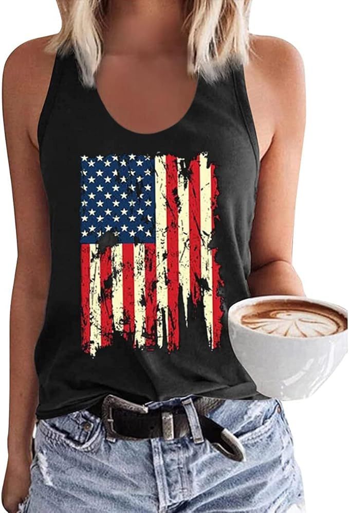 EIGIAGWNG Womens Leopard American Flag Star Tank Tops Cute July 4th Independence Day Sunflower Gr... | Amazon (US)