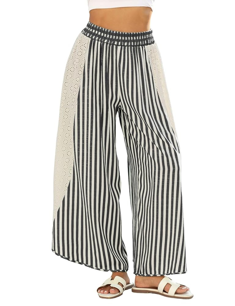 Athlisan Womens Summer Casual Loose Striped Wide Leg Lounge Pants Elastic Waist Palazzo Trousers | Amazon (US)