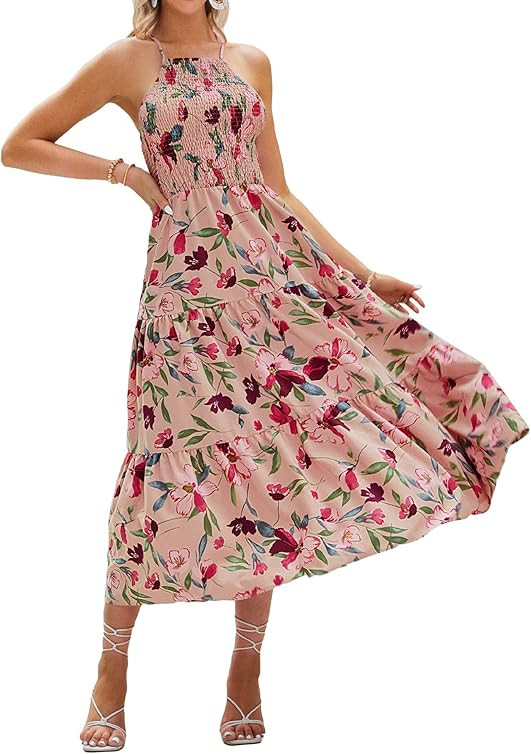 BerryGo Women's 2023 Summer Halter Floral Maxi Dress Boho Beach Vacation Long Flowy Backless Dres... | Amazon (US)