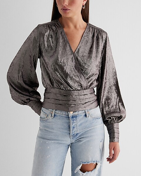 Metallic V-neck Balloon Sleeve Faux Wrap Top | Express