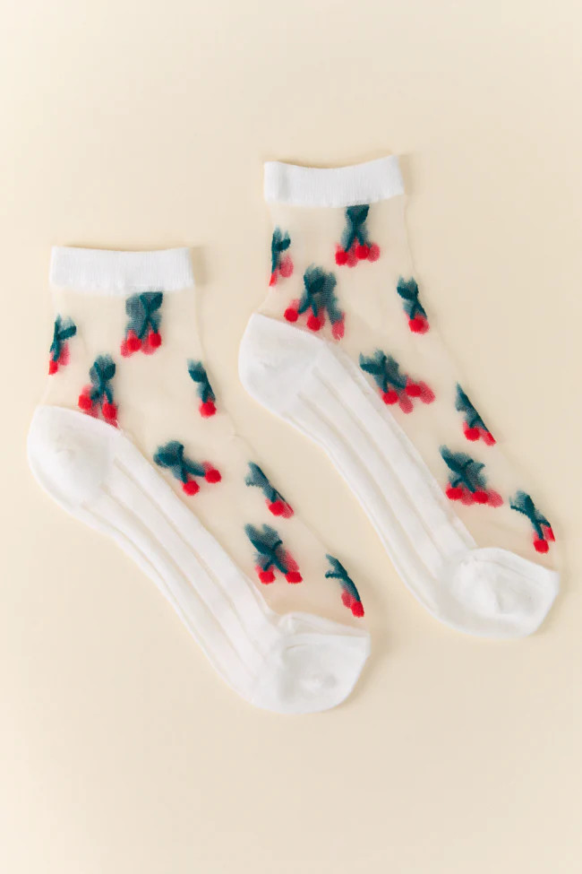 White Sheer Cherry Socks | Pink Lily