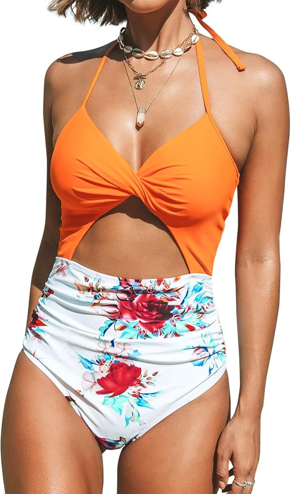 CUPSHE Women's One Piece Swimsuit Cutout Halter Lace Up Twist Bathing Suit | Amazon (US)