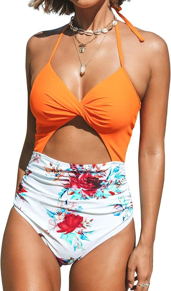 CUPSHE Women's One Piece Swimsuit Cutout Halter Lace Up Twist Bathing Suit | Amazon (US)
