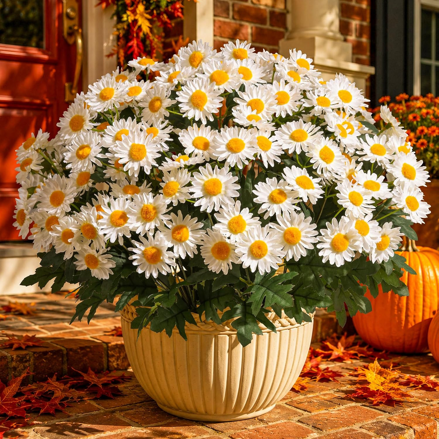 Artificial Fall Fake Mums Flowers Plants for Outdoor Decoration, 6 PCS Faux Silk White Gerbera Daisy UV Resistant No Fade Realistic for Planter Pot Outside Porch Patio Balcony Garden Yard Home Decor | Amazon (US)