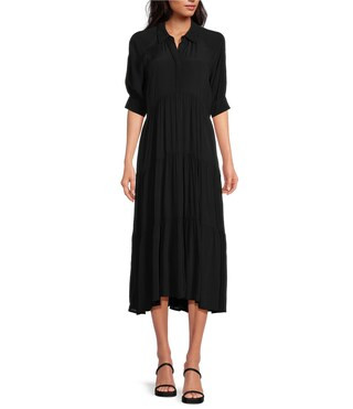 Button Down Collar Short Balloon Cuff Sleeve Tiered Waistless Midi Shirt Dress | Dillard's