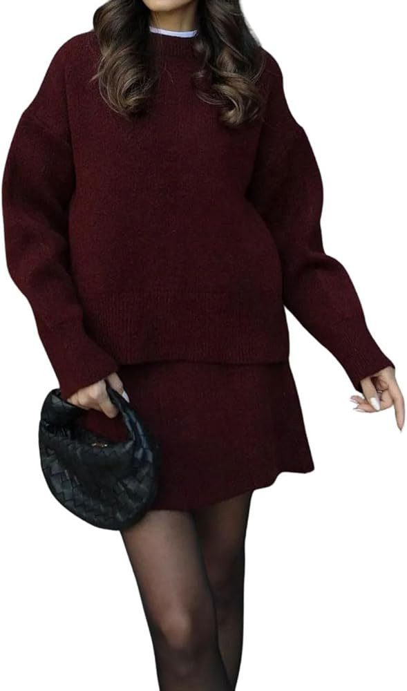 CHARTOU Women Sweater Skirt Sets 2 Pieces Outfits Loose Fit Pullover Sweater Knitted Mini Skirt | Amazon (US)