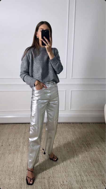 Silver metallic pants outfit - Abercrombie silver pants with gray sweater  

#LTKSeasonal #LTKstyletip #LTKfindsunder100