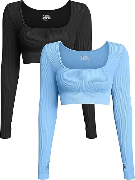 OQQ Women's 2 Piece Crop Top Ribbed Seamless Workout Exercise Long Sleeve Crop Tops | Amazon (US)