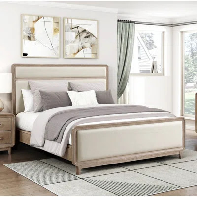 Modern Elegant Design Natural Finish Queen Bed Upholstered Beige Chenille Wooden Bedroom Furniture 1Pc | Wayfair North America