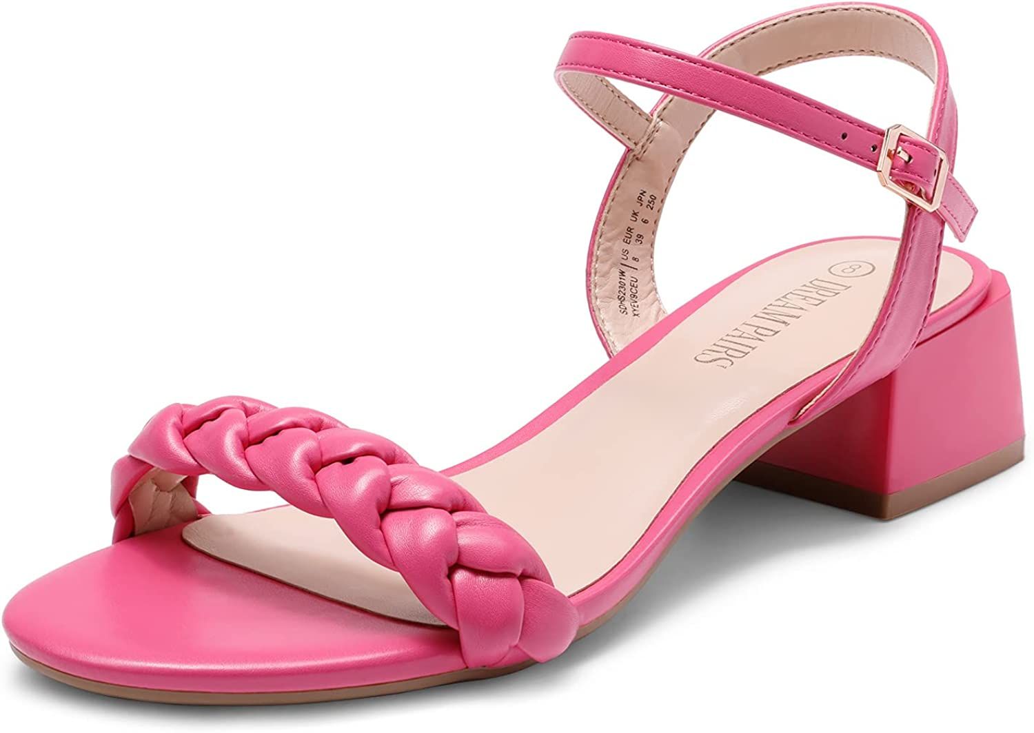 Amazon.com | DREAM PAIRS Women's Hot Pink Low Heels for Women Braided Open Toe Ankle Strap Block ... | Amazon (US)