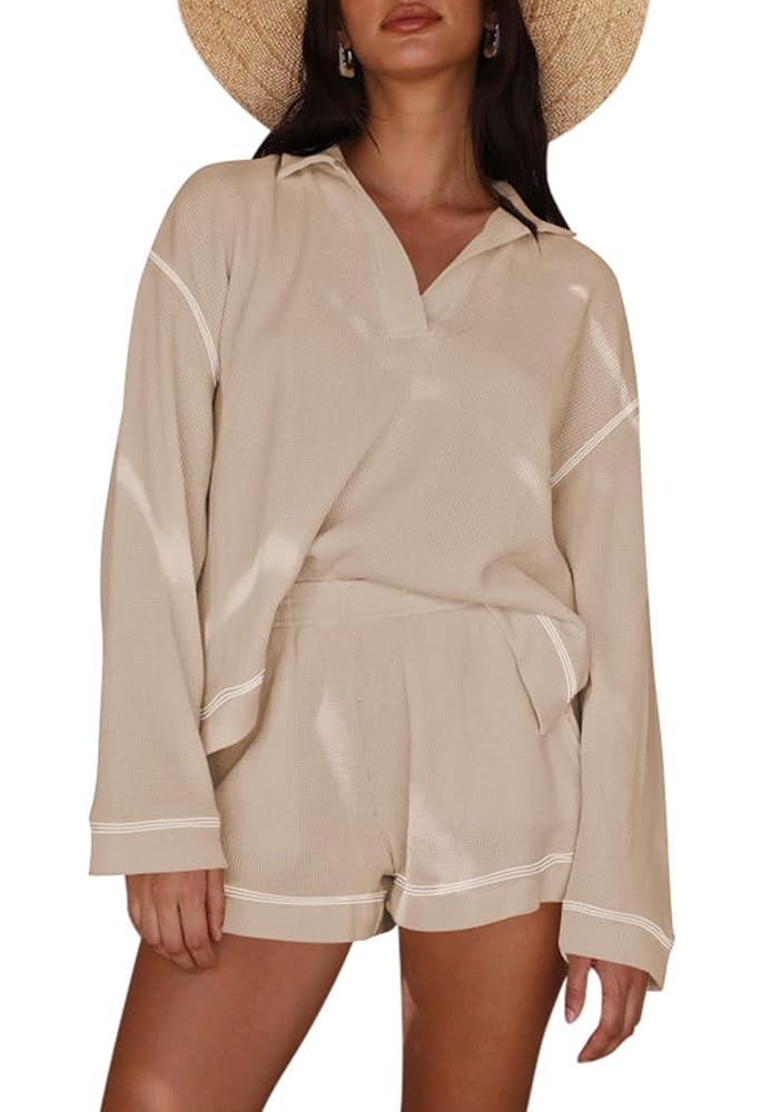Pink Queen Women's 2025 Fall Casual Waffle Knit Long Sleeve Lounge Sets Casual Top and Shorts 2 P... | Amazon (US)