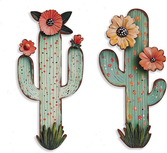 flangairy 2pcs Metal Cactus Wall Decor, Western Desert Bathroom Decor | 13"×6.3" Vintage Southwe... | Amazon (US)