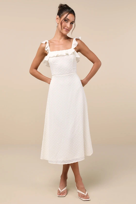 Sun-Kissed Style White and Beige Gingham Backless Midi Dress | Lulus