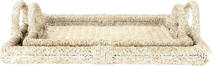 Creative Co-Op Decorative Rattan Trays with Handles & Whitewashed Finish (Set of 2 Sizes), White | Amazon (US)