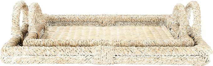 Creative Co-Op Decorative Rattan Trays with Handles & Whitewashed Finish (Set of 2 Sizes), White | Amazon (US)