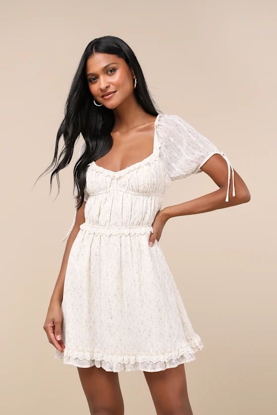 Adoring Moment Ivory Floral Lace Ruffled Puff Sleeve Mini Dress | Lulus