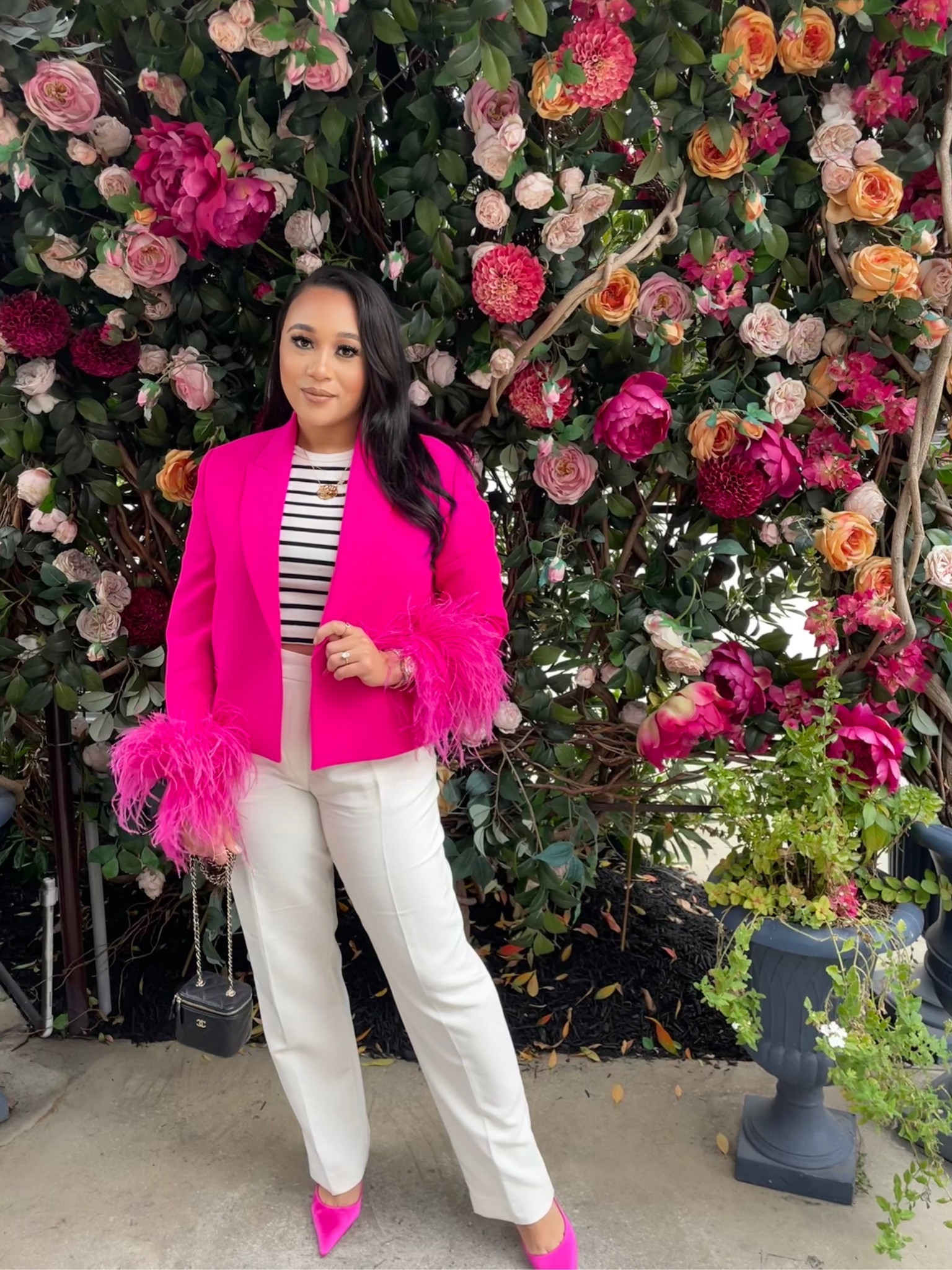 Pretty in Pink ! 
I love is statement blazer ! It’s the pop of pink that you NEED ! 
I purchased this is a size M and it fits me perfectly .  I paired this with blazer with a stripe tank ,cream trousers and a pink satin pump . 

#LTKSeasonal #LTKshoecrush #LTKstyletip