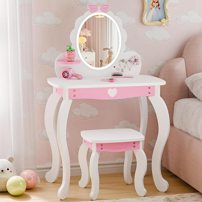 Girls Vanity Set with Lighted Mirror and Stool, Kids Vanity with Storage Space and Bow Pattern fo... | Amazon (US)