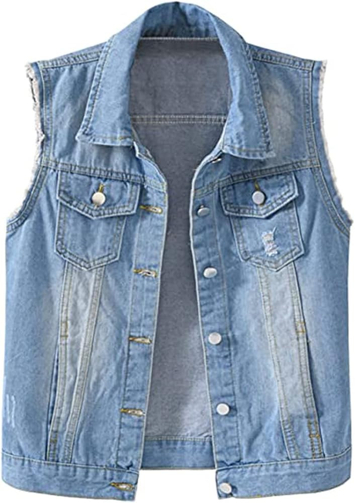 VIEWON Women's Casual Denim Waistcoat Frayed Sleeveless Ripped Jacket Vest with Pockets | Amazon (US)