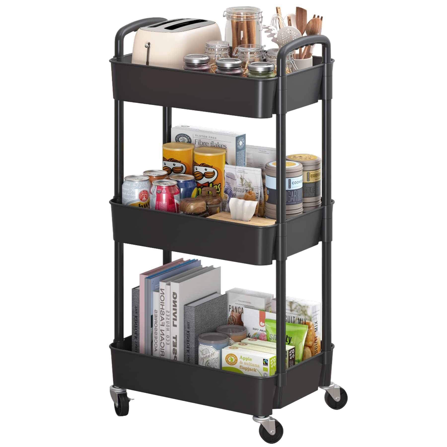 Sywhitta 3-Tier Plastic Rolling Utility Cart with Handle, Multi-Functional Storage Trolley for Of... | Amazon (US)