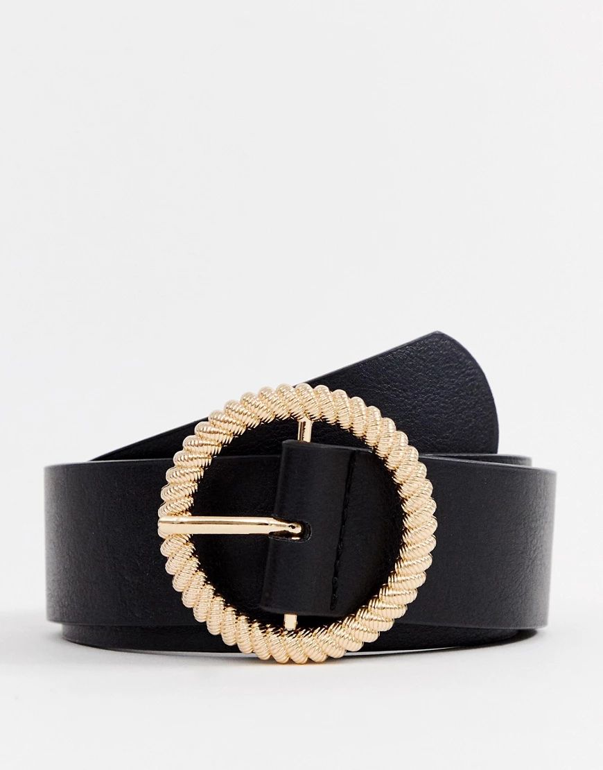 ASOS DESIGN faux leather wide belt in black with gold circle buckle | ASOS (Global)