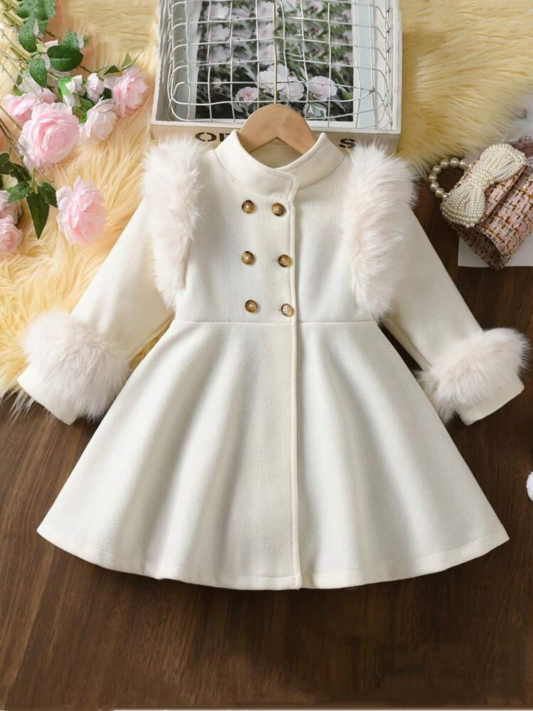 TrendsYoung Girl Casual Solid Color Stand Collar Fashion Fur Patchwork Coat Dress, Autumn/Winter | SHEIN