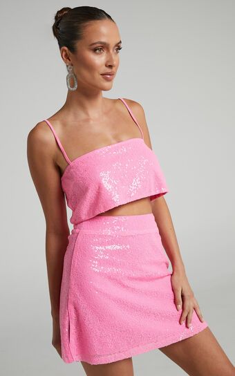 Elswyth Mini Skirt - Side Split Sequin Skirt in Pink | Showpo (ANZ)