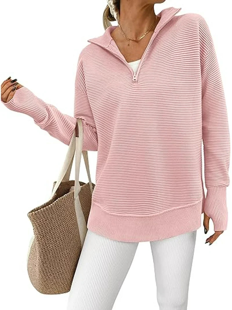 PRETTYGARDEN Womens Long Sleeve Quarter Zip Pullover Sweater Casual Loose V Neck Collared Ribbed ... | Walmart (US)