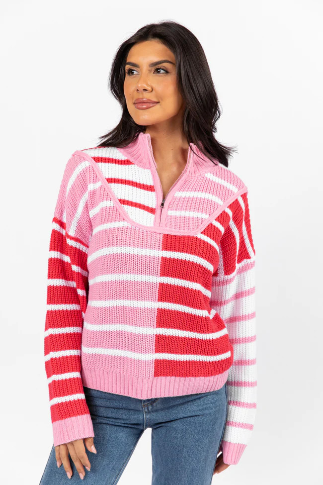 Worth Melting For Striped Color Block Quarter Zip Pullover Sweater | Pink Lily
