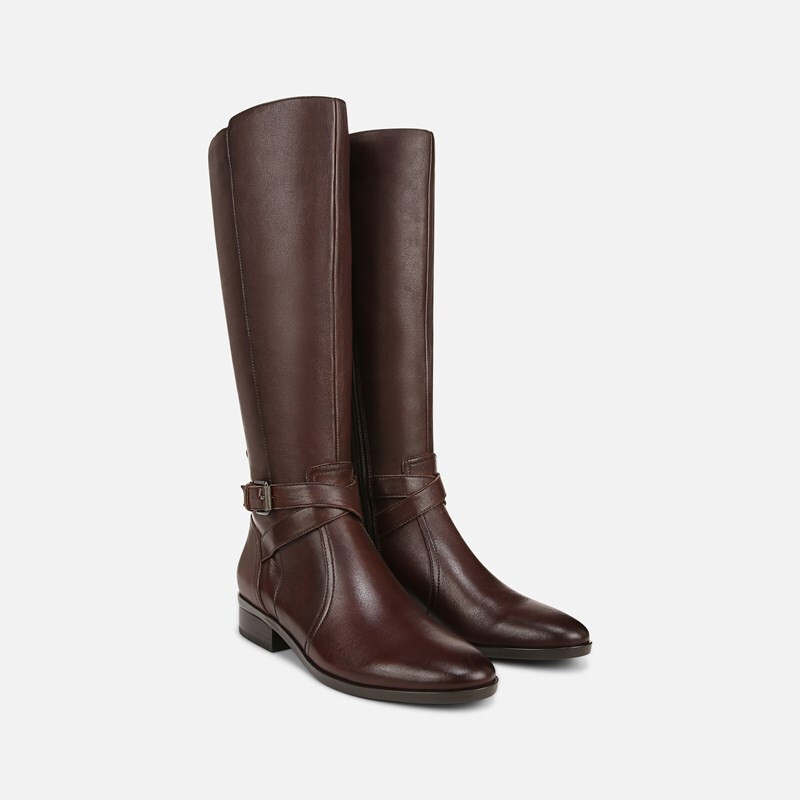 Naturalizer Rena Riding Boots, Chocolate Brown Leather, 7.5M Almond Toe, Block Heels, Zip Closure | Naturalizer